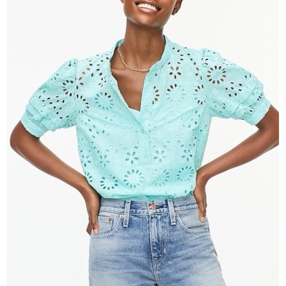 J Crew Floral Eyelet Ruffle Sleeve Popover Top Womens Small Aqua Blue AW539 - Picture 2 of 9